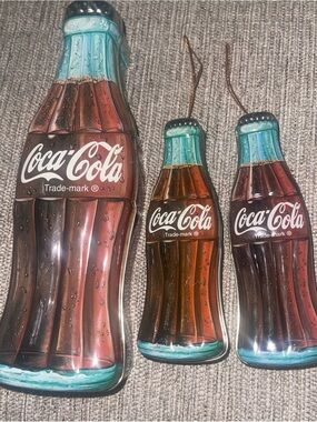 Vintage Coca Cola Bottle Tin Collectibles Lot Of 2 Ornaments & 1 Tin